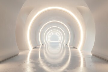 A digital design of a white tunnel stretching into the distance with a bright light shining at the end