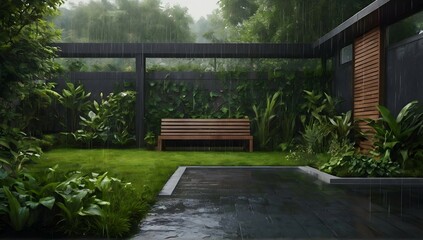 Garden atmosphere raining. Realistic landscape