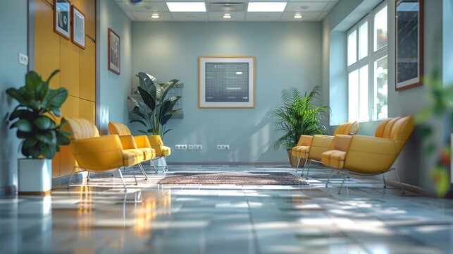 healthcare setting with unoccupied waiting area featuring cozy seats and reading material for patients, promoting relaxation and comfort