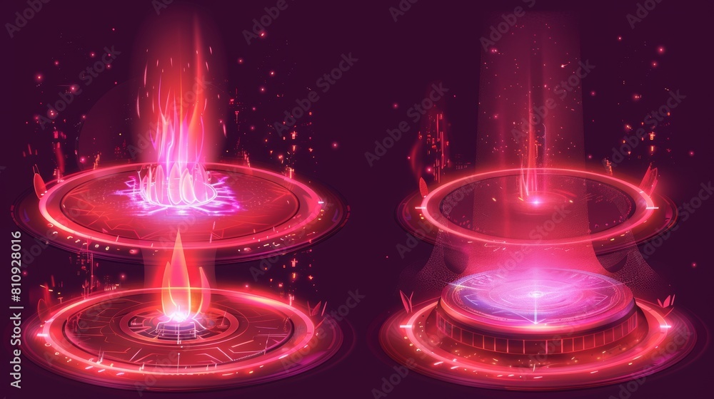 Poster Luminous red neon game portal with realistic modern illustration set. Futuristic teleport podium for GUI concept. Magic or cyberpunk round product podium with luminous effect.