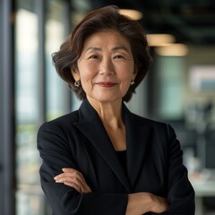 Portrait of Japanese female businesswoman 50-60 years in suit against office background