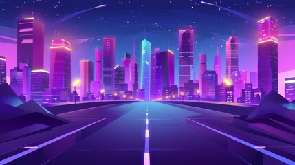 A road leads to a city at night, with neon lights and multi-storey buildings. A cartoon modern landscape with an asphalt highway leading to a city. A purple, bright cityscape with skyscrapers and