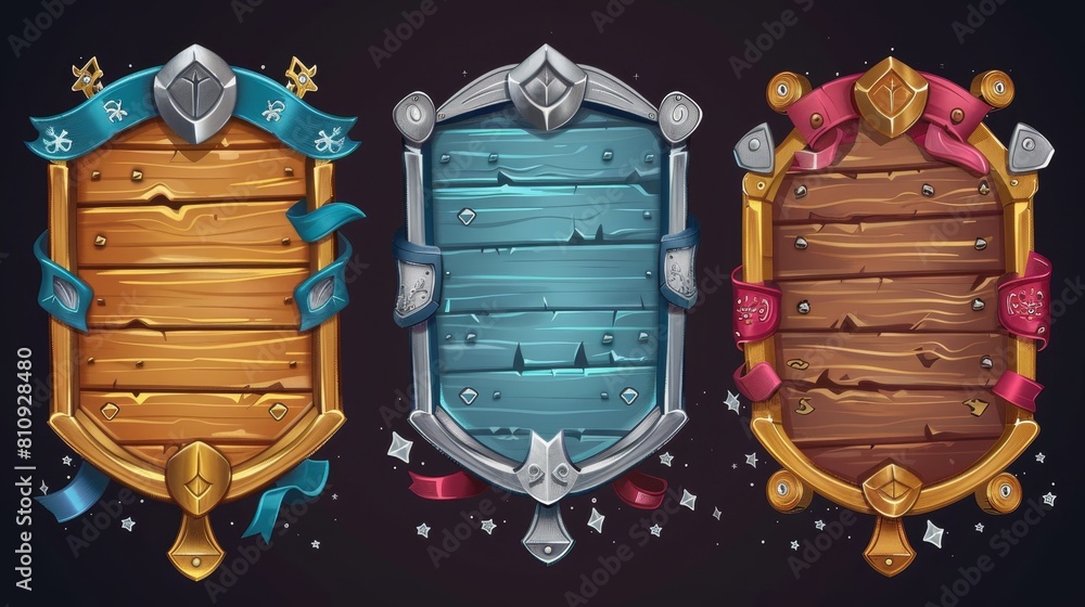 Poster isolated set of square game rank frames. modern cartoon illustration of medieval curl avatar borders