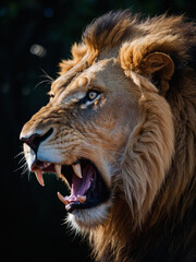 Fierce King, Lion Roaring Dramatically Against Black