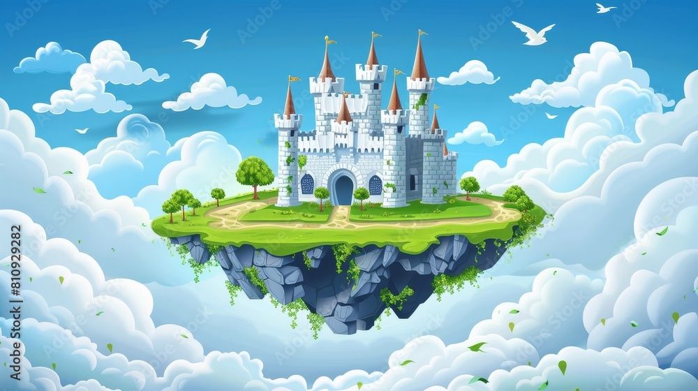 Poster a magical ancient kingdom castle floating on a platform in the sky with clouds. a cartoon fantasy is