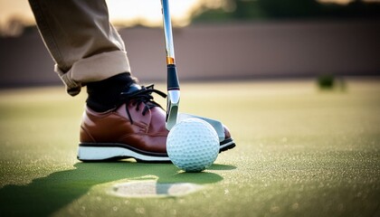 showcasing a tight macro shot of a golfer's hands and the golf ball as they carefully line up the putt, with shallow depth of field emphasizing the ball's proximity to the hole, background
