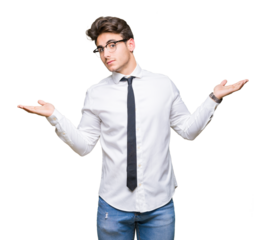 Young business man wearing glasses over isolated background Smiling showing both hands open palms, presenting and advertising comparison and balance