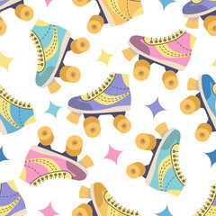 Classic y2k, 90s and 2000s aesthetic. Flat style retro quad roller skates, vintage seamless pattern. Hand-drawn vector illustration.