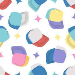 Classic y2k, 90s and 2000s aesthetic. Flat style cap, baseball cap, vintage seamless pattern. Hand-drawn vector illustration.