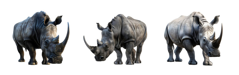 Three rhino animal Isolated on transparent background, png