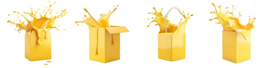 Set of yellow packaging box with splash Isolated on transparent background
