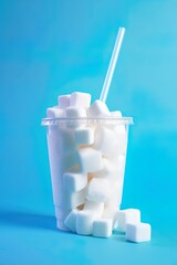 Plastic cup full of sugar cubes on blue background. Generative Ai