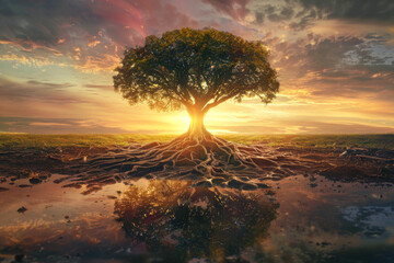 a tree with deep roots firmly planted in the ground, reaching upward with branches stretching towards the sky, representing the stoic principle of being grounded in one's values