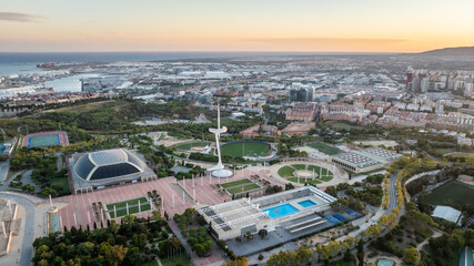 Aerial view of Barcelona city. Drone shot.