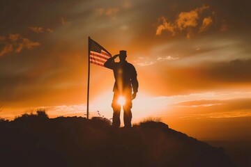 Illustration for Independence Day of the United States, July 4th - Soldiers with American flag under a beautiful sun. Generative AI. Beautiful simple AI generated image in 4K, unique.