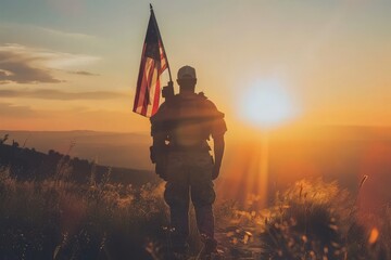 Illustration for Independence Day of the United States, July 4th - Soldier with American flag under a beautiful sun. Generative AI. Beautiful simple AI generated image in 4K, unique. - Powered by Adobe