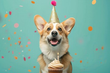 corgi dog wearing a party hat with a cupcake with one candle, confetti, solid color background, fun dog birthday