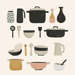 Wabi sabi kitchenware flat design front view functional simplicity theme cartoon drawing Complementary Color Scheme