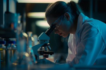 Female scientist using microscope in laboratory