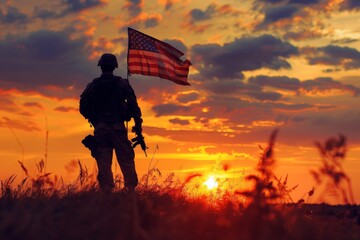 Illustration for Independence Day of the United States, July 4th - Soldier with American flag under a beautiful sun. Generative AI. Beautiful simple AI generated image in 4K, unique.