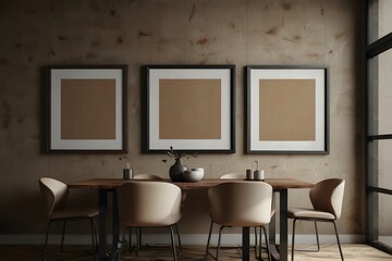 3 blank wall art mockup, close-up, vertical blank mockup brown wall theme