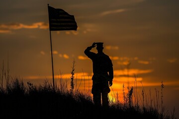 Illustration for Independence Day of the United States, July 4th - Soldier with American flag under a beautiful sun. Generative AI. Beautiful simple AI generated image in 4K, unique.