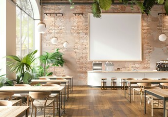 A photo of a large blank white wall frame on the brick walls of a coffee shop interior with a wood floor