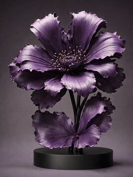 Metallic Purple Flower Sculpture on Square Base, Modern Botanical Art