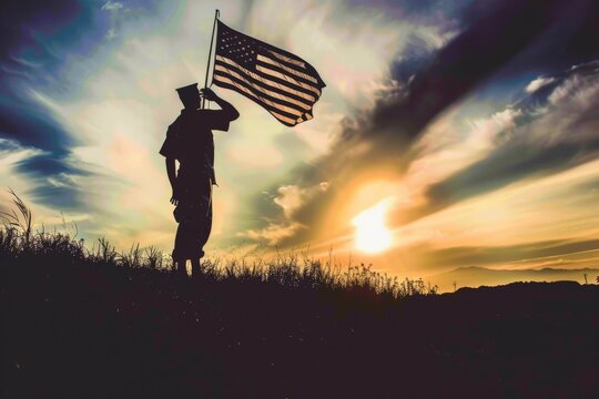 Illustration for Independence Day of the United States, July 4th - Soldiers with American flag under a beautiful sun. Generative AI. Beautiful simple AI generated image in 4K, unique. - Powered by Adobe