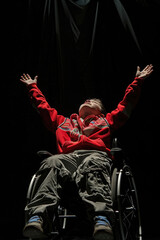 A man in a wheelchair with his arms extended outwards