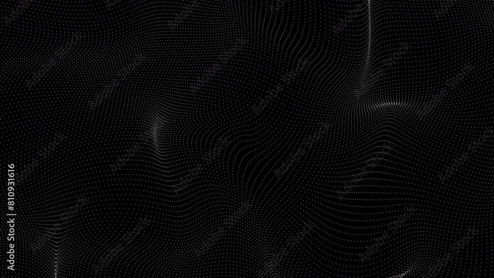 Poster abstract particle grid background in white color with wave motion on black background. looped 4k ani