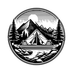 Logo de camping illustration en noir et blanc