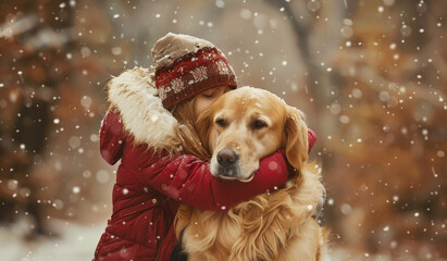 Little girl hugging the golden retriever dog in a winter park