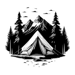 Logo de camping illustration en noir et blanc © stéphane huvé