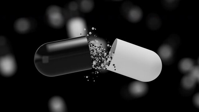 Animation of black white medicine capsule opening and remedy particles fly out on dark backdrop. Medical research, science concept. 3d render