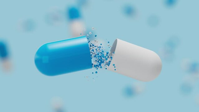 Animation of blue white medicine capsule opening and remedy particles fly out on blue backdrop. Medical research, science concept. 3d render