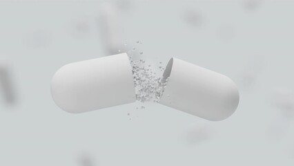 Animation of white medicine capsule opening and remedy particles fly out on white backdrop. Medical research, science concept. 3d render - Powered by Adobe