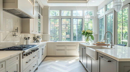 A clean, contemporary kitchen featuring beige cabinets, a herringbone floor, and lots of windows to let in natural light