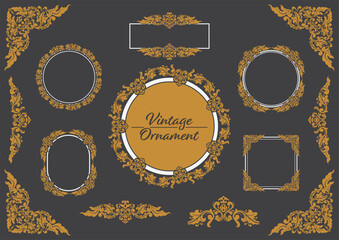 Set Of Golden Vintage ornament with border, frame, crown, corner, label,  mandala and luxury elements, suitable for vintage design or wedding invitation card