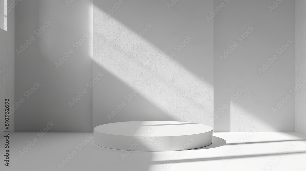 Poster 3d white product display platform in studio with abstract minimalist wall and light. empty showcase 