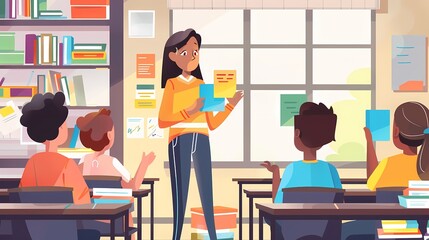 An animated teacher engages with her attentive students in a colorful classroom