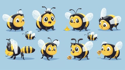 This is a cute baby bumblebee mascot cartoon set. Happy bumblebee character for a child's book. Farm insect holding honey. Busy bumblebee with sting emotion illustration.