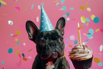 french bulldog wearing a party hat with a cupcake with one candle, confetti, solid color background, fun dog birthday