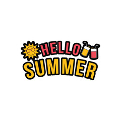 Hello summer vector logo design quote with sun and drink icon symbol
