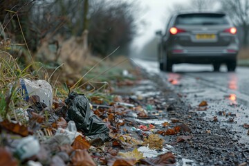 Obraz premium Trash and plastic on the side of the road in the background of a passing car