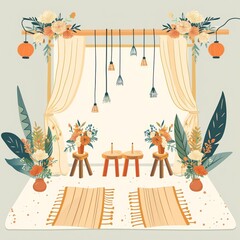 Boho wedding setup flat design side view romantic ambiance theme cartoon drawing Analogous Color Scheme