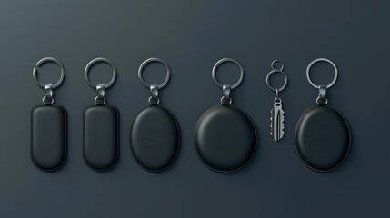 Black leather keychains isolated on black background. Modern realistic illustration of oval and round shape blank fob on silver metal ring, souvenir pendant mockup with branding space.