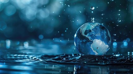 Picture a globe contained within a droplet of water against a dark blue abstract backdrop