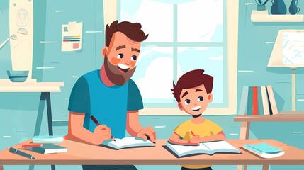 Father and son enjoying homework time together