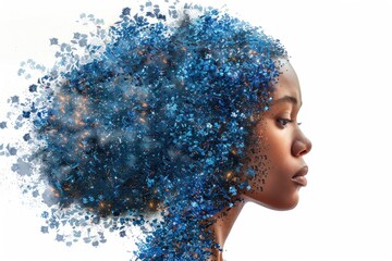 Compelling representation of a woman's profile with her head transforming into a burst of blue particles, illustrating the impact of mental illness and depression on the mind